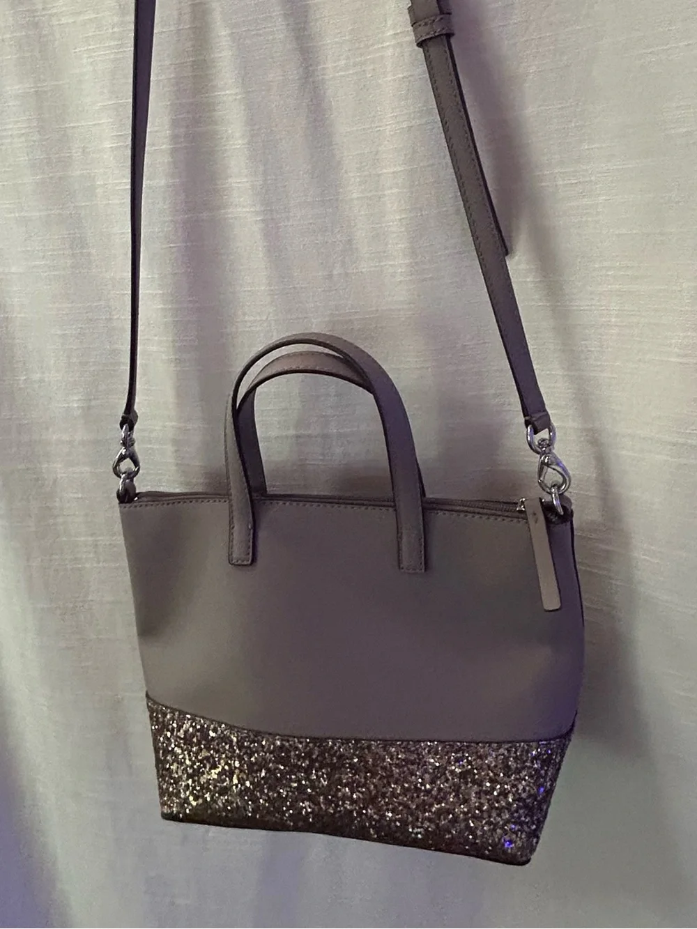 kate spade taupe glitter two-tone small satchel with gold sparkle